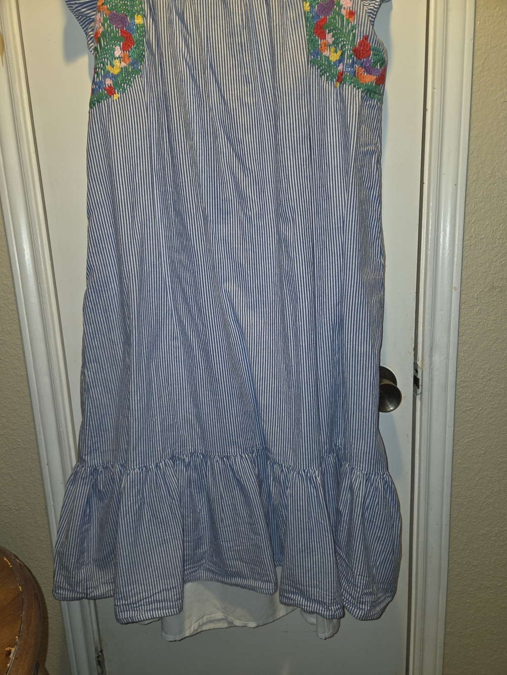 Blue Pinstripe Casual Midi Dress with Multicolor Floral Smocking - Picture 10 of 13